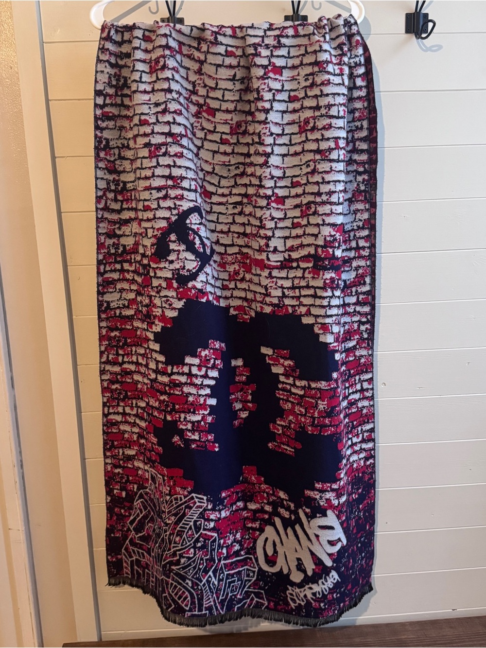 Graffiti Brick Wall Scarf Burgundy Black Cream Urban Street Art Fringe